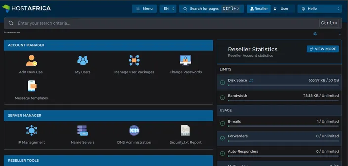 HostAfrica reseller DirectAdmin panel dashboard