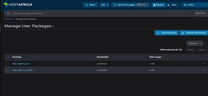 Two user packages created in DirectAdmin for the agency