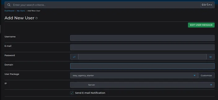 Adding a new client user account in the DirectAdmin reseller panel