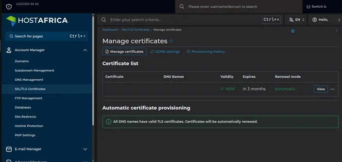 Automatic SSL certificate generation in DirectAdmin