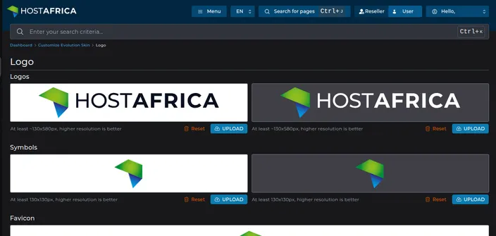 DirectAdmin Customize Evolution Skin page for uploading your agency logo to white-label the reseller panel