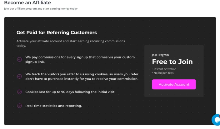 The Become an Affiliate page with a dark card and a magenta Activate Account button