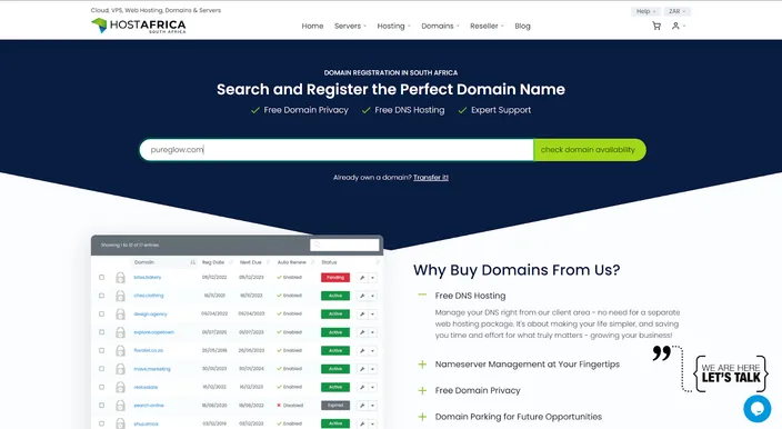 HostAfrica Domains Page