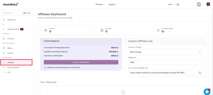 Affiliates Dashboard with the Affiliates link active in the left sidebar under Partner tools, plus the visitor, sign up and commission cards