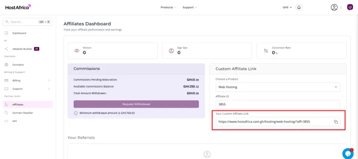 The Custom Affiliate Link card with the Your Custom Affiliate Link field highlighted in red, next to the copy button