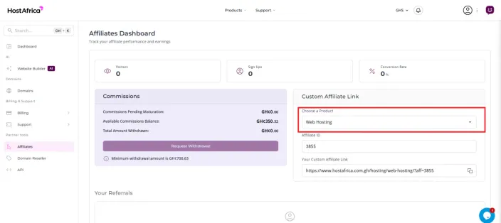 The Custom Affiliate Link card with the Choose a Product field highlighted in red and set to Web Hosting