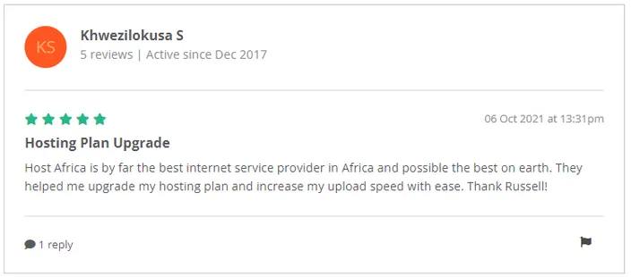 A customer review on HostAfrica from Hellopeter