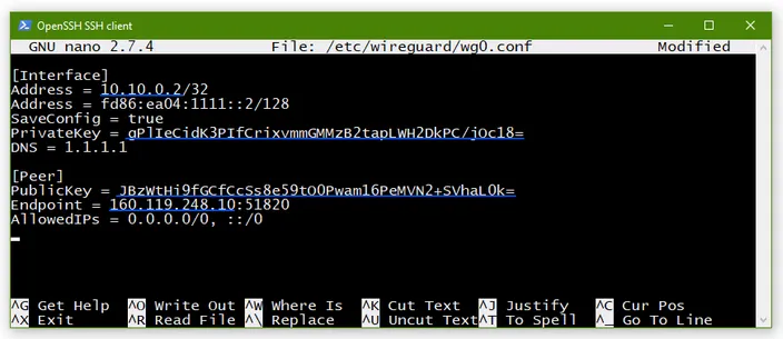Debian 9 WireGuard client config file nano