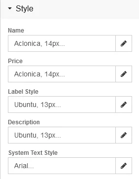 The style window allows you to change the font and text describing your products on your Website Builder pro website