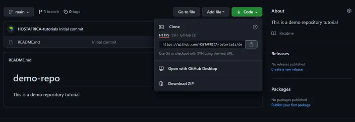 Github repository page: copy repo URL in Code tab