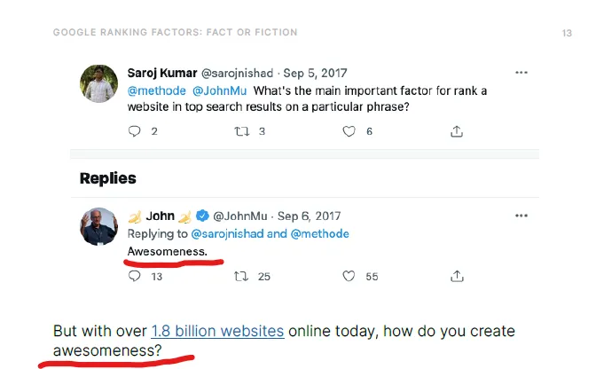 Google official saying "awesomeness" is needed to rank