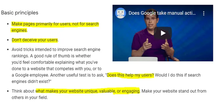 The basic principles of Google's quality guidelines. The important sections have been highlighted