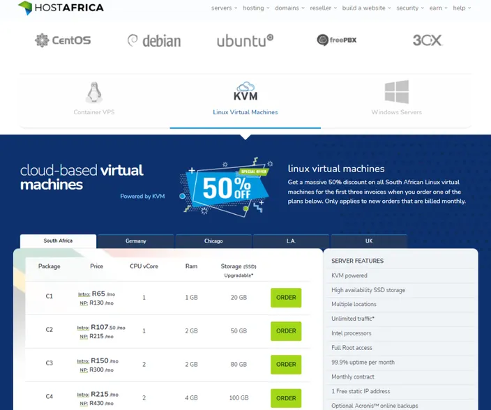 HostAfrica Linux cloud-based virtual machine prices