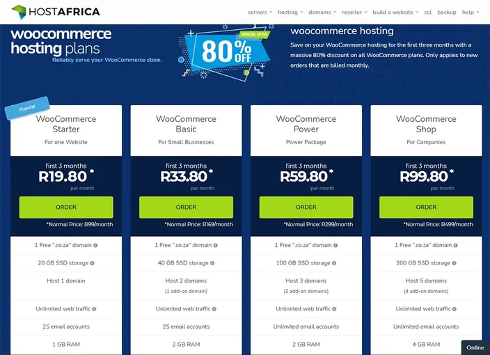 hostafrica woocommerce hosting plans pricing table