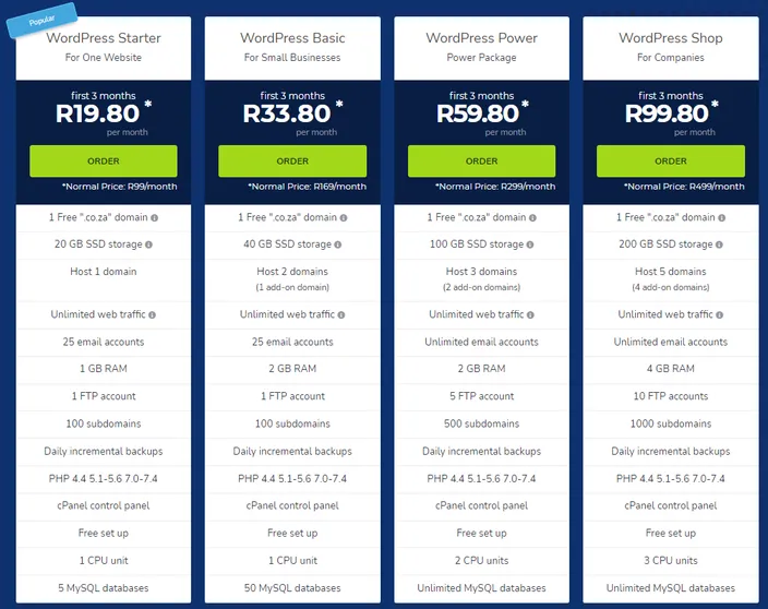 HostAfrica WordPress hosting price table