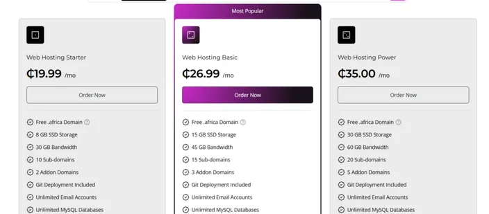 HostAfrica web hosting pricing