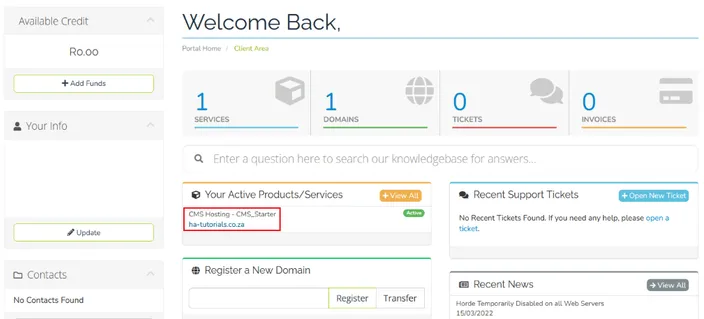 WHMCS Your Active Products/Services box