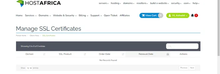 HostAfrica's client zone showing what SSL certificates are available to the client