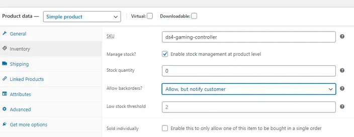screenshot WooCommerce Product data Inventory form