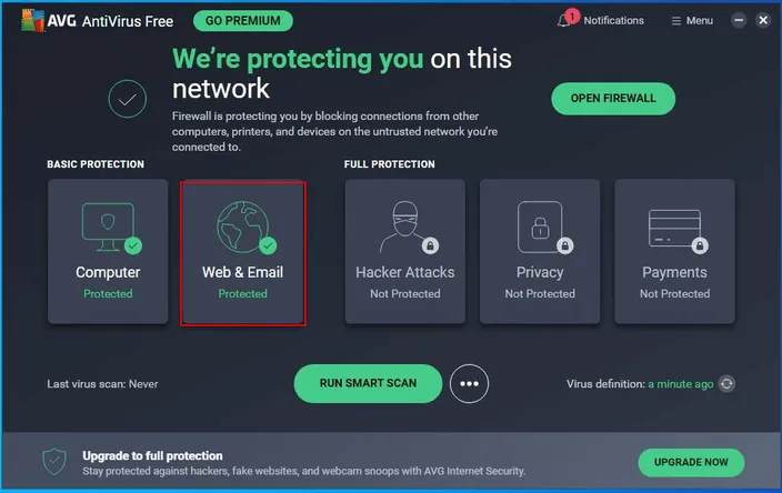 AVG antivirus protection window web and email