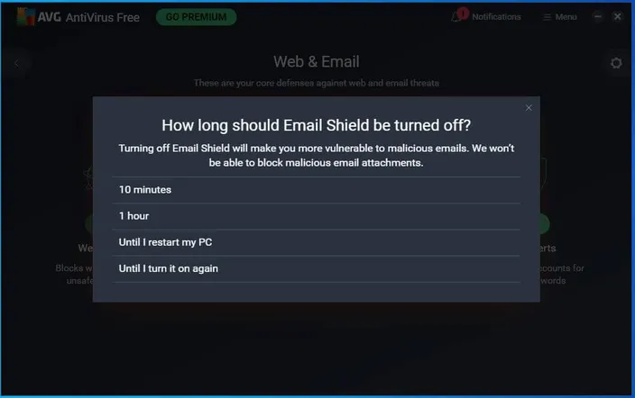 AVG how long should email shield be turned off?