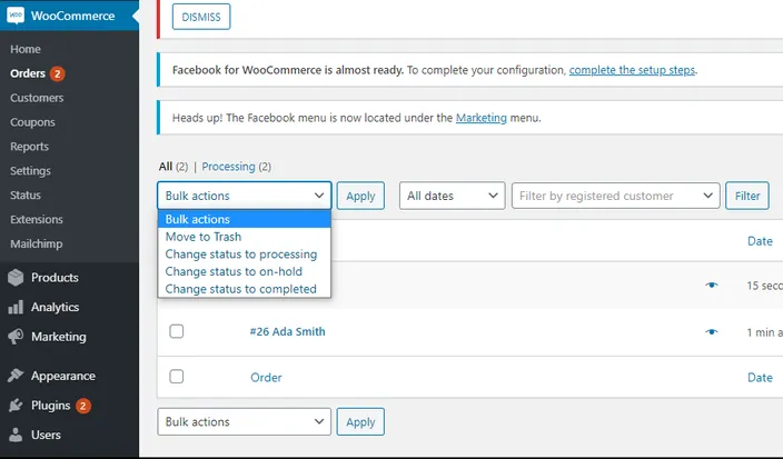 screenshot WooCommerce Order settings, change status