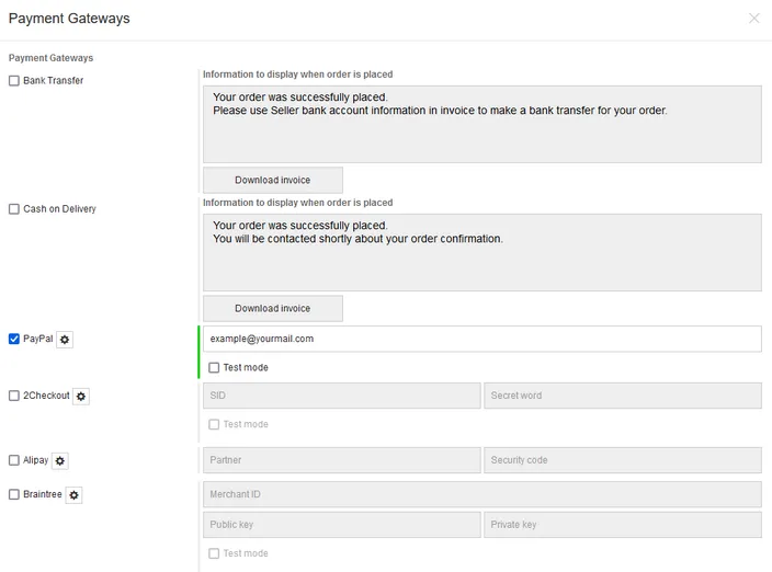 This window shows the options a consumer has to make purchases on your website