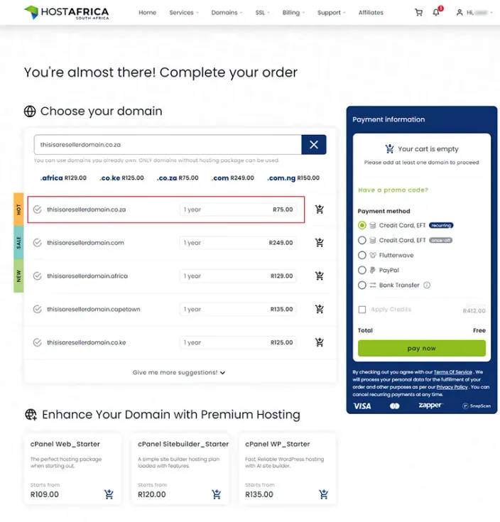 Domain Registration Prices in Cart