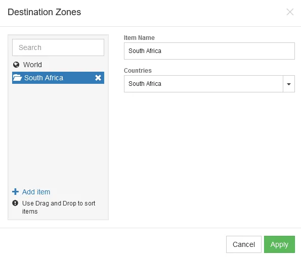 This windows shows the list of geographical locations you are able to ship to from your online store