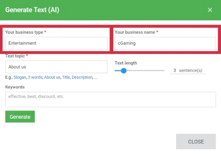 The Generate Text (AI) button field with some options highlighted