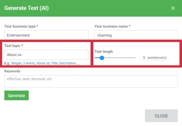 The Generate Text (AI) button field with a few options highlighted to assist with text generation.