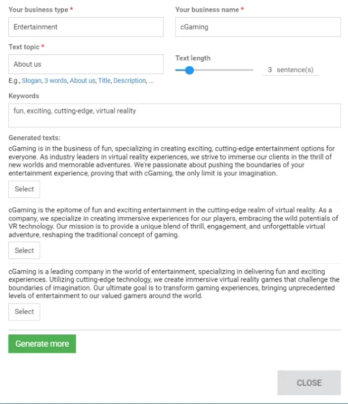 AI text options generated after setting some parameters.