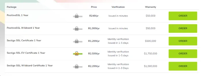 Paid SSL certificates available on HostAfrica's website