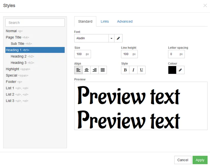 Editing the text and font styles for your website