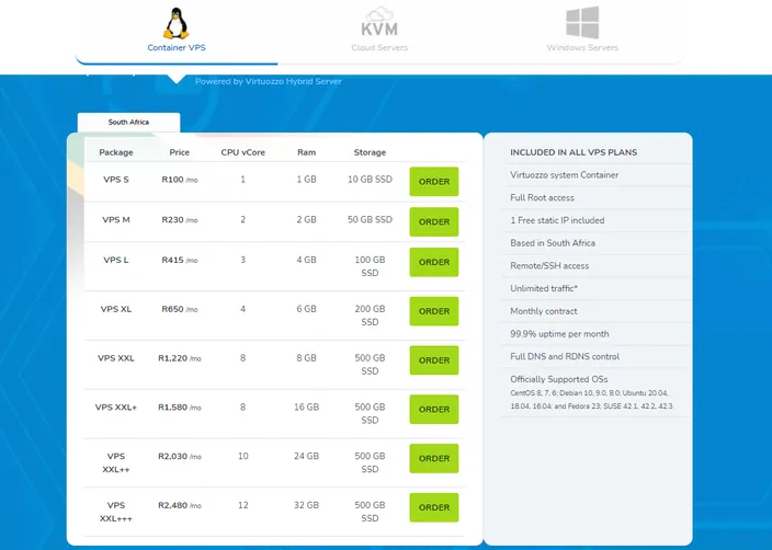 VPS hosting packages (specifications and pricing) with HostAfrica.