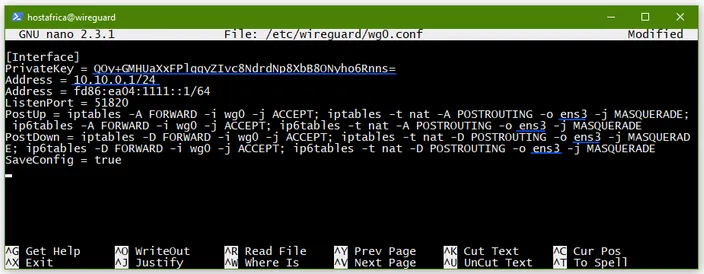 Debian 9 WireGuard server config file nano