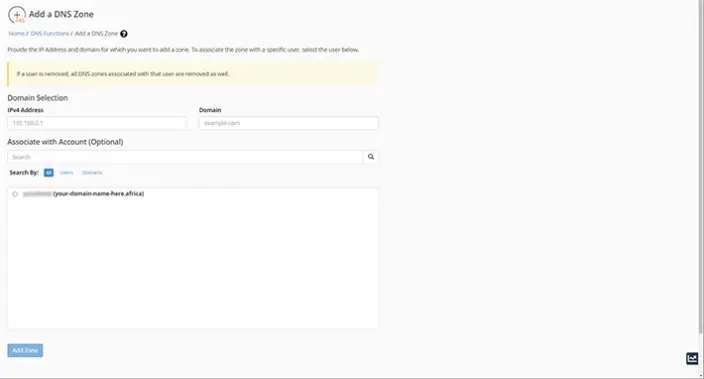 WHM Add a DNS Zone Dashboard