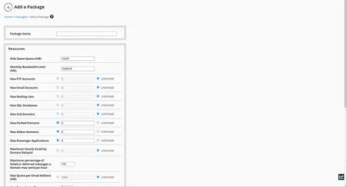 WHM Add a Package Dashboard