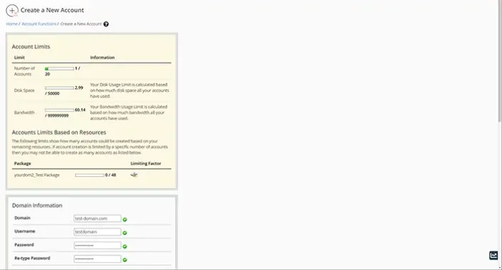 whm create new account dashboard