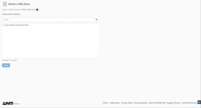 WHM Delete a DNS Zone Dashboard