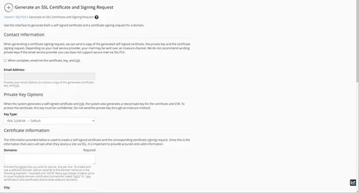 WHM Generate an SSL Certificate and Signing Request Dashboard