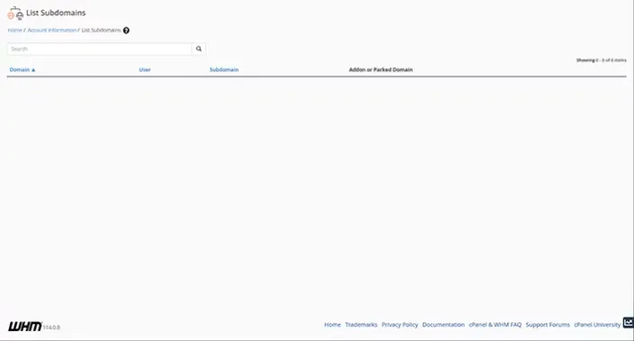 WHM List Subdomains Dashboard
