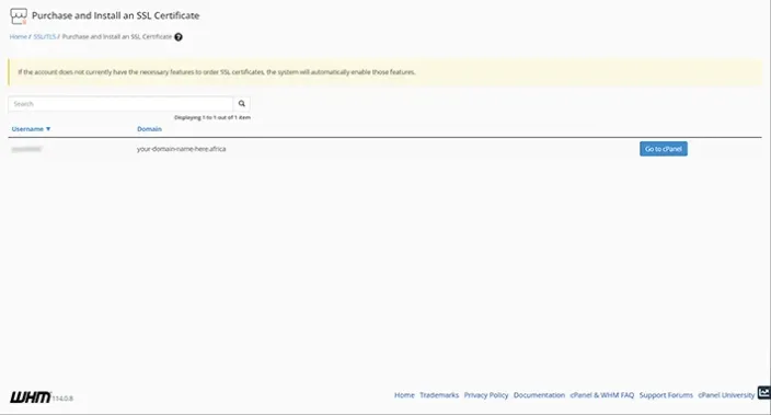 WHM Purchase and Install an SSL Certificate Dashboard