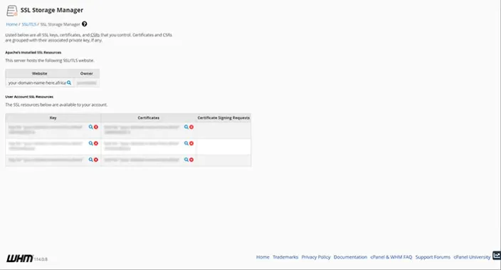 WHM SSL Storage Manager Dashboard