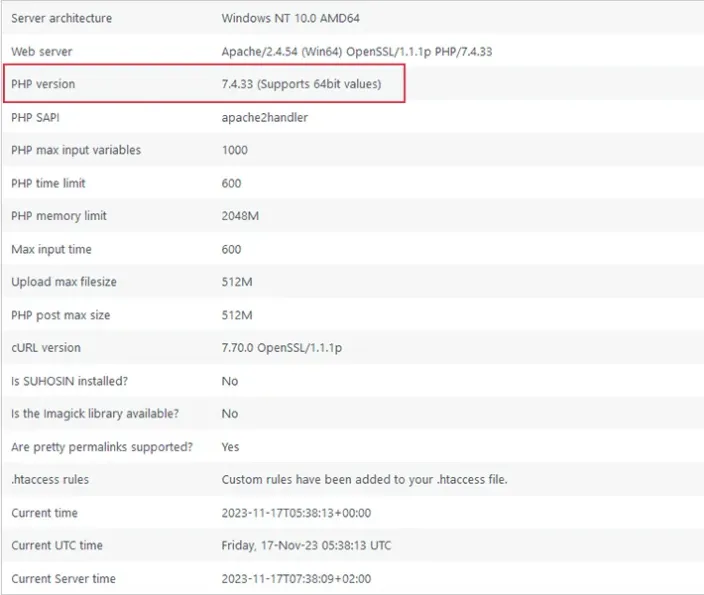 PHP version in WordPress