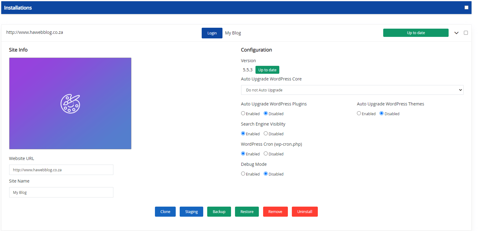 Expand the site configuration section by clicking the downward arrow at the end of the relevant row.
