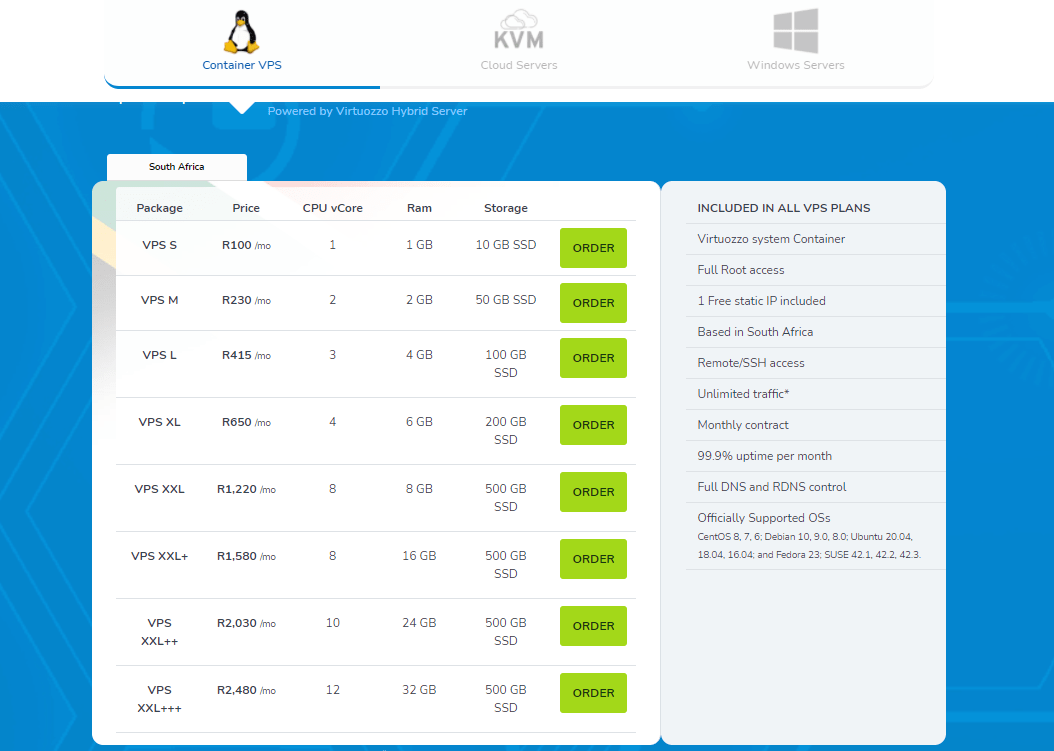VPS hosting packages (specifications and pricing) with HOSTAFRICA.