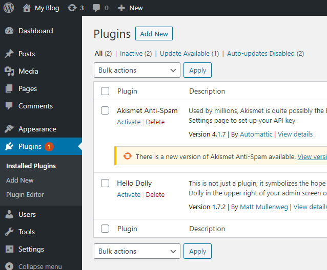 screenshot WordPress admin dashboard with plugins tab highlighted in blue on the left-hand sidebar