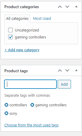 screenshot WooCommerce Product categories tags