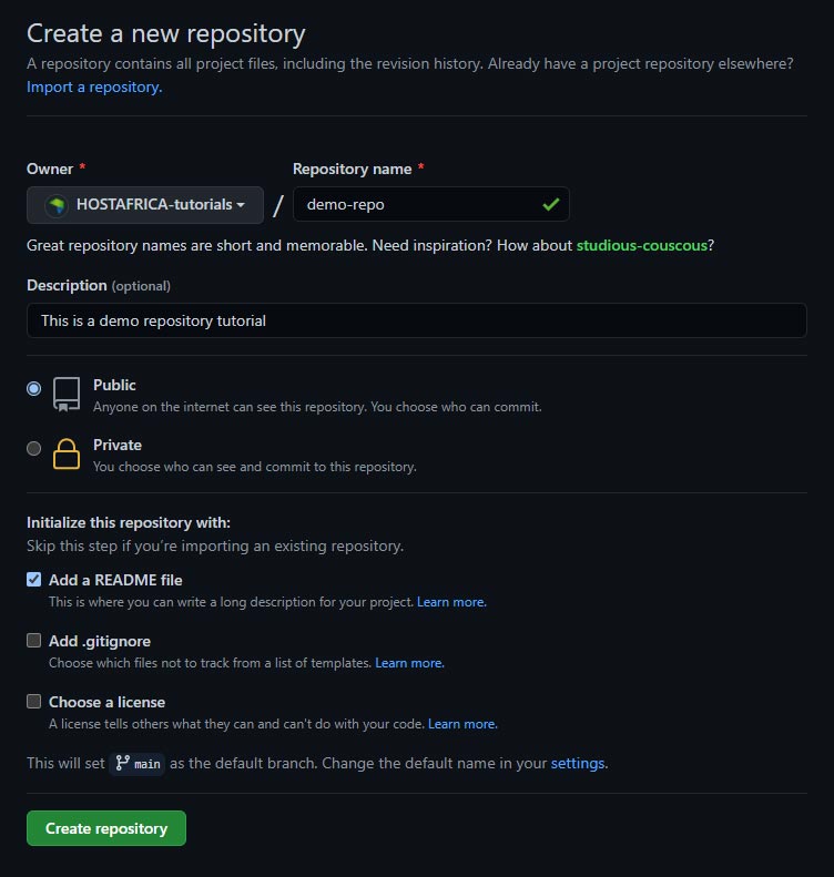 GitHub Create a new repository form
